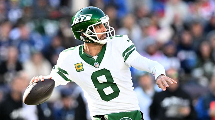 Oct 27, 2024; Foxborough, Massachusetts, USA; New York Jets quarterback Aaron Rodgers (8) looks to pass against the New England Patriots during the second half at Gillette Stadium. Mandatory Credit: Brian Fluharty-Imagn Images Oct 27, 2024; Foxborough, Massachusetts, USA; New York Jets quarterback Aaron Rodgers (8) looks to pass against the New England Patriots during the second half at Gillette Stadium. Mandatory Credit: Brian Fluharty-Imagn Images