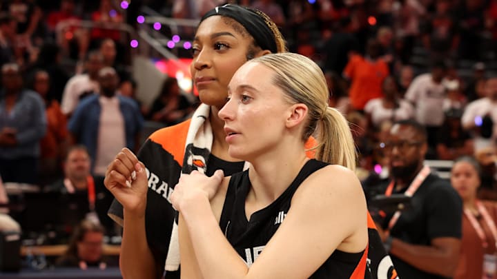 Jul 19, 2025; Indianapolis, IN, USA; Team Collier guard Paige Bueckers (5) and Team Collier forward Angel Reese (5) celebrate after defeating Team Clark in the 2025 WNBA All Star Game at Gainbridge Fieldhouse. Mandatory Credit: Trevor Ruszkowski-Imagn Images Jul 19, 2025; Indianapolis, IN, USA; Team Collier guard Paige Bueckers (5) and Team Collier forward Angel Reese (5) celebrate after defeating Team Clark in the 2025 WNBA All Star Game at Gainbridge Fieldhouse. Mandatory Credit: Trevor Ruszkowski-Imagn Images