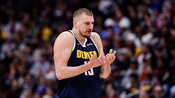 Feb 12, 2025; Denver, Colorado, USA; Denver Nuggets center Nikola Jokic (15) in the second quarter against the Portland Trail Blazers at Ball Arena. Mandatory Credit: Isaiah J. Downing-Imagn Images Feb 12, 2025; Denver, Colorado, USA; Denver Nuggets center Nikola Jokic (15) in the second quarter against the Portland Trail Blazers at Ball Arena. Mandatory Credit: Isaiah J. Downing-Imagn Images