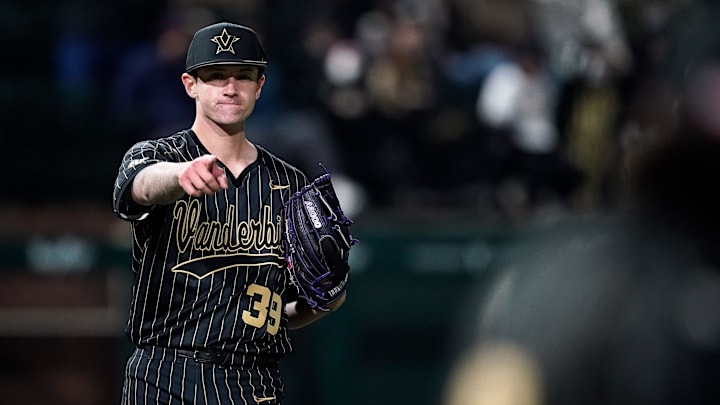 Vanderbilt pitcher Connor Fennell (39) celebrates an out against Tennessee during the sixth inning at Hawkins Field in Nashville, Tenn., Friday, March 27, 2026.