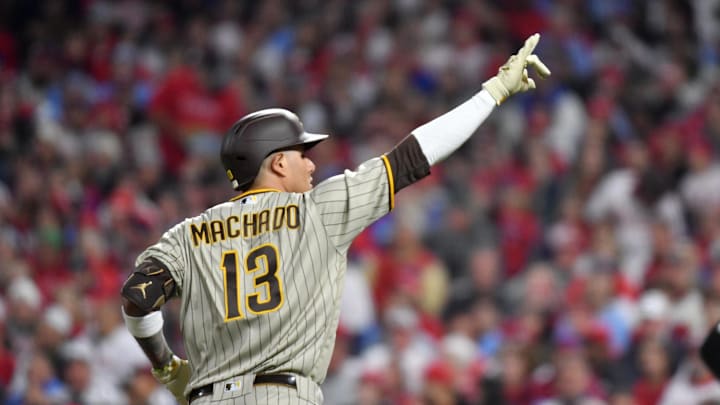 Oct 22, 2022; Philadelphia, Pennsylvania, USA; San Diego Padres third baseman Manny Machado (13) Oct 22, 2022; Philadelphia, Pennsylvania, USA; San Diego Padres third baseman Manny Machado (13)
