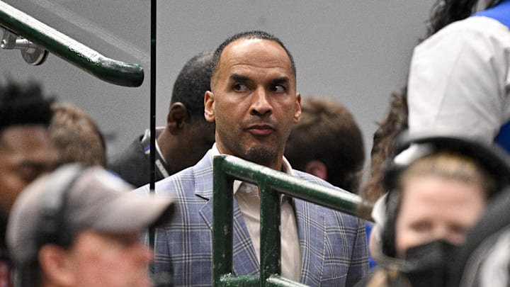 Apr 9, 2025; Dallas, Texas, USA; Dallas Mavericks general manager Nico Harrison during the game between the Dallas Mavericks and the Los Angeles Lakers at American Airlines Center. Mandatory Credit: Jerome Miron-Imagn Images