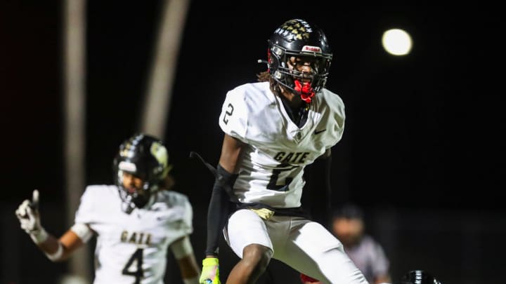 Golden Gate Titans defensive back Bradley Martino (2) celebrates a play during the third quarter of a game against the Gulf Coast Sharks at Gulf Coast High School in Naples on Friday, Sept. 22, 2023.