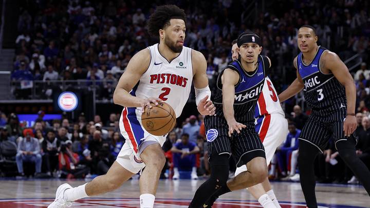 Apr 29, 2026; Detroit, Michigan, USA; Detroit Pistons guard Cade Cunningham (2) dribbles on Orlando Magic guard Anthony Black (0) in the second half uring game five of the first round of the 2026 NBA Playoffs at Little Caesars Arena. Mandatory Credit: Rick Osentoski-Imagn Images