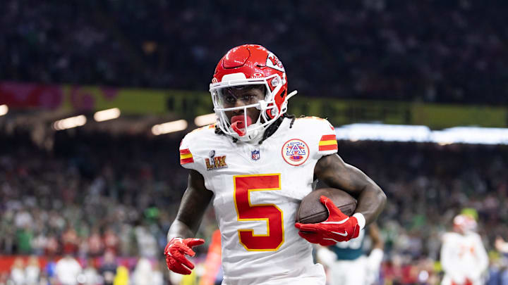 Feb 9, 2025; New Orleans, LA, USA;  Kansas City Chiefs wide receiver Marquise Brown (5) against the Philadelphia Eagles in Super Bowl LIX at Ceasars Superdome. Mandatory Credit: Mark J. Rebilas-Imagn Images