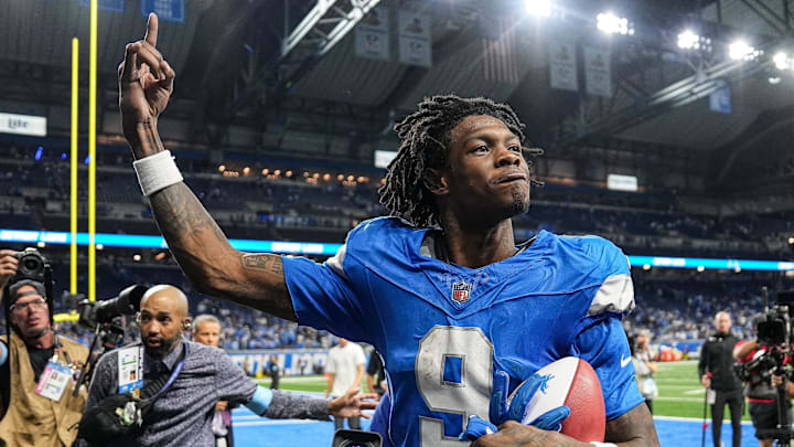 Detroit Lions wide receiver Jameson Williams (9) waves at fans to celebrates 26-20 overtime win over Los Angeles Rams as he exits the field at Ford Field in Detroit on Sunday, September 8, 2024. Detroit Lions wide receiver Jameson Williams (9) waves at fans to celebrates 26-20 overtime win over Los Angeles Rams as he exits the field at Ford Field in Detroit on Sunday, September 8, 2024.