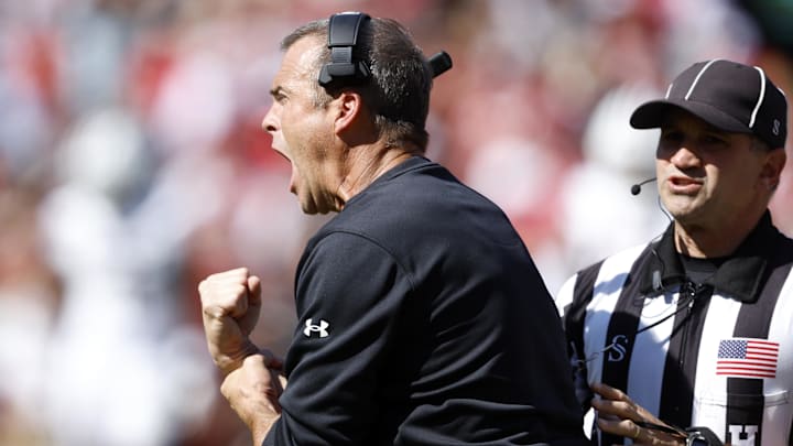 Oct 12, 2024; Tuscaloosa, Alabama, USA;  South Carolina Gamecocks head coach Shane Beamer reacts to a play during the second half against the Alabama Crimson Tide at Bryant-Denny Stadium. Mandatory Credit: Butch Dill-Imagn Images