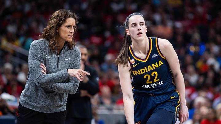 Jun 11, 2026; Indianapolis, Indiana, USA; Indiana Fever head coach Stephanie White and guard Caitlin Clark (22) in the first half against the Chicago Sky at Gainbridge Fieldhouse. Mandatory Credit: Trevor Ruszkowski-Imagn Images