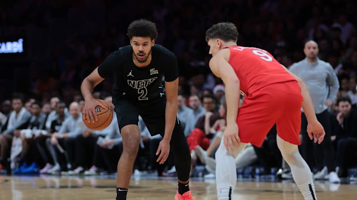 Dec 23, 2024; Miami, Florida, USA; Brooklyn Nets forward Cameron Johnson (2) dribbles the basketball as Miami Heat guard Pelle Larsson (9) defends during the fourth quarter at Kaseya Center. Mandatory Credit: Sam Navarro-Imagn Images Dec 23, 2024; Miami, Florida, USA; Brooklyn Nets forward Cameron Johnson (2) dribbles the basketball as Miami Heat guard Pelle Larsson (9) defends during the fourth quarter at Kaseya Center. Mandatory Credit: Sam Navarro-Imagn Images