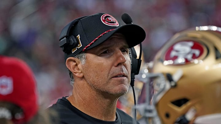 Sep 9, 2024; Santa Clara, California, USA; San Francisco 49ers quarterbacks coach Brian Griese watches the action from the sideline in the third quarter against the New York Jets at Levi's Stadium. Mandatory Credit: David Gonzales-Imagn Images Sep 9, 2024; Santa Clara, California, USA; San Francisco 49ers quarterbacks coach Brian Griese watches the action from the sideline in the third quarter against the New York Jets at Levi's Stadium. Mandatory Credit: David Gonzales-Imagn Images