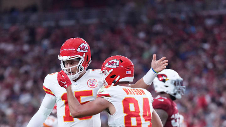 Kansas City Chiefs quarterback Patrick Mahomes and Kansas City Chiefs wide receiver Justin Watson