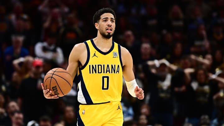 May 13, 2025; Cleveland, Ohio, USA; Indiana Pacers guard Tyrese Haliburton (0) brings the ball up court during the second half against the Cleveland Cavaliers in game five of the second round for the 2025 NBA Playoffs at Rocket Arena. Mandatory Credit: Ken Blaze-Imagn Images
