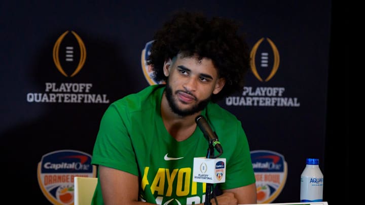 Oregon quarterback Dante Moore speaks during the Oregon Ducks media day ahead of Orange Bowl on Dec. 30, 2025, at Hard Rock Stadium in Miami, Florida.