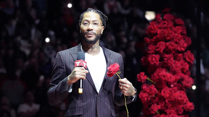 Chicago Bulls and New York Knicks former player Derrick Rose speaks as he is honored at halftime of a game between the Chicago Bulls and the New York Knicks at United Center. Rose was a standout at Simeon High School, playing with current head coach Tim Flowers.