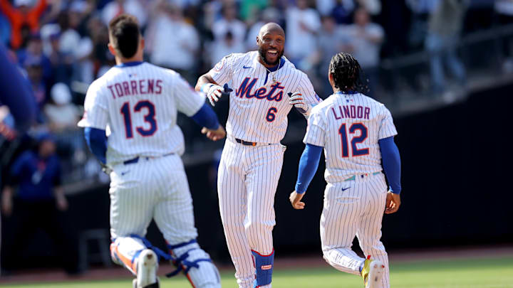 New York Mets designated hitter Starling Marte (6) celebrates his walkoff RBI single against the Philadelphia Phillies with catcher Luis Torrens (13) and shortstop Francisco Lindor (12) during the tenth inning at Citi Field on April 23. New York Mets designated hitter Starling Marte (6) celebrates his walkoff RBI single against the Philadelphia Phillies with catcher Luis Torrens (13) and shortstop Francisco Lindor (12) during the tenth inning at Citi Field on April 23.