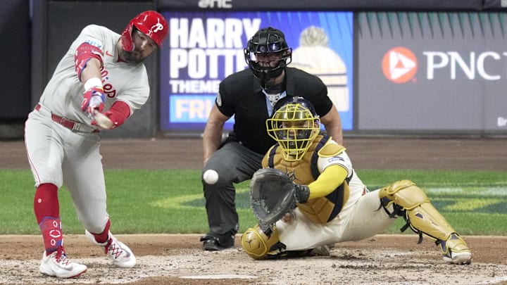 Sep 3, 2025; Milwaukee, Wisconsin, USA; Philadelphia Phillies outfielder Kyle Schwarber (12) strikes out during the fifth inning of their game against the Milwaukee Brewers at American Family Field. Mandatory Credit: Mark Hoffman-USA TODAY Network via Imagn Images Sep 3, 2025; Milwaukee, Wisconsin, USA; Philadelphia Phillies outfielder Kyle Schwarber (12) strikes out during the fifth inning of their game against the Milwaukee Brewers at American Family Field. Mandatory Credit: Mark Hoffman-USA TODAY Network via Imagn Images