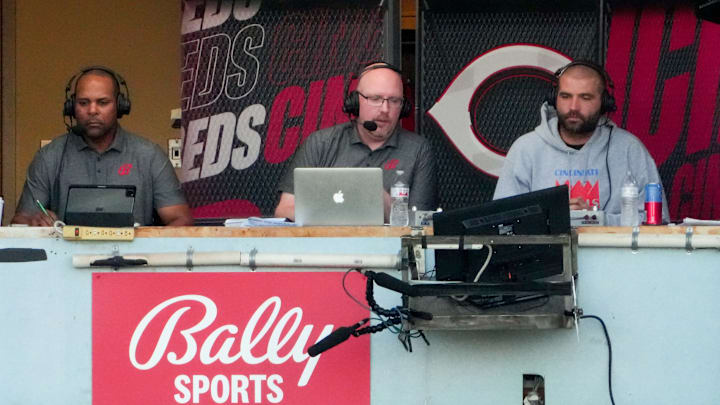 Cincinnati Reds broadcast booth Joey Votto, John Sadak, Barry Larkin