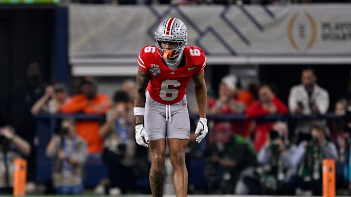 Dec 31, 2025; Arlington, TX, USA; Ohio State Buckeyes cornerback Devin Sanchez (6) gets into position during the 2025 Cotton Bowl and quarterfinal game of the College Football Playoff at AT&T Stadium. Mandatory Credit: Jerome Miron-Imagn Images