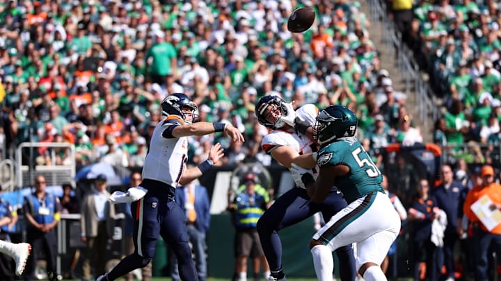 Oct 5, 2025; Philadelphia, Pennsylvania, USA; Denver Broncos quarterback Bo Nix (10) throws a pass in the first half against the Philadelphia Eagles at Lincoln Financial Field. Mandatory Credit: Bill Streicher-Imagn Images