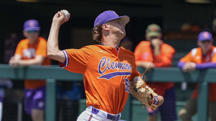 Jun 2, 2023; Clemson, SC, USA; Clemson pitcher Austin Gordon (56) during the NCAA Baseball Regionals