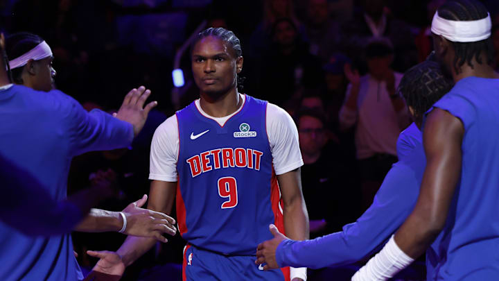 May 13, 2026; Detroit, Michigan, USA; Detroit Pistons guard Ausar Thompson (9) during player introductions before the game against the Cleveland Cavaliers during game five of the second round of the 2026 NBA Playoffs at Little Caesars Arena. Mandatory Credit: Rick Osentoski-Imagn Images