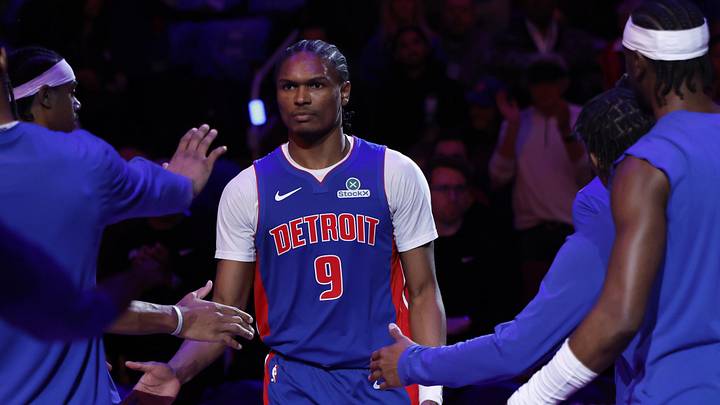May 13, 2026; Detroit, Michigan, USA; Detroit Pistons guard Ausar Thompson (9) during player introductions before the game against the Cleveland Cavaliers during game five of the second round of the 2026 NBA Playoffs at Little Caesars Arena. Mandatory Credit: Rick Osentoski-Imagn Images