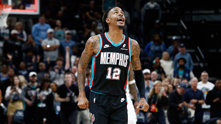 Oct 22, 2025; Memphis, Tennessee, USA; Memphis Grizzlies guard Ja Morant (12) reacts after defeating the New Orleans Pelicans at FedExForum. Mandatory Credit: Petre Thomas-Imagn Images