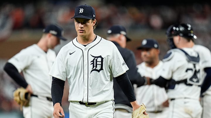 Detroit Tigers pitcher Jackson Jobe (21) walks off the field for pitching change against Cleveland Guardians during the ninth inning at Game 4 of ALDS at Comerica Park in Detroit on Thursday, Oct. 10, 2024.