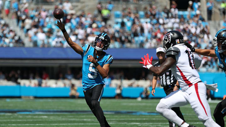 Sep 21, 2025; Charlotte, North Carolina, USA; Carolina Panthers quarterback Bryce Young (9) throws a pass during the first half of a game between Carolina Panthers and the Atlanta Falcons at Bank of America Stadium. Mandatory Credit: Cory Knowlton-Imagn Images