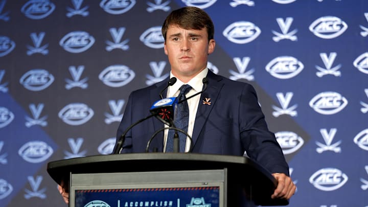 Jul 22, 2025; Charlotte, NC, USA; Virgnia quarterback Chandler Morris answers questions from the media during ACC Media Days at Hilton Charlotte Uptown. Mandatory Credit: Jim Dedmon-Imagn Images