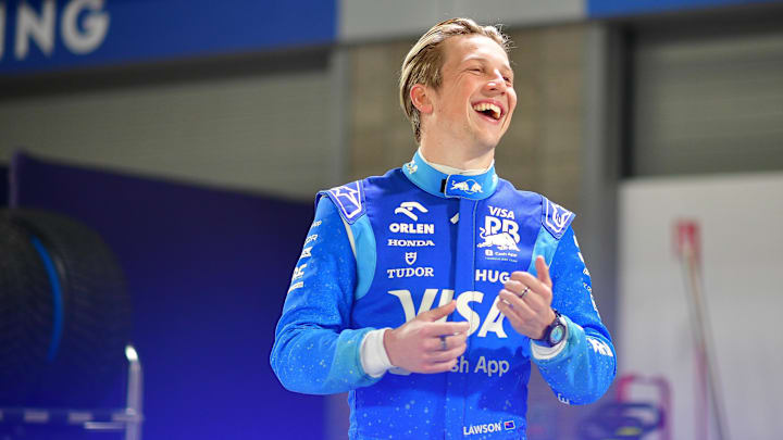 Nov 20, 2024; Las Vegas, Nevada, USA; Visa Cash App RB driver Liam Lawson (30) reacts at Las Vegas Circuit. Mandatory Credit: Gary A. Vasquez-Imagn Images