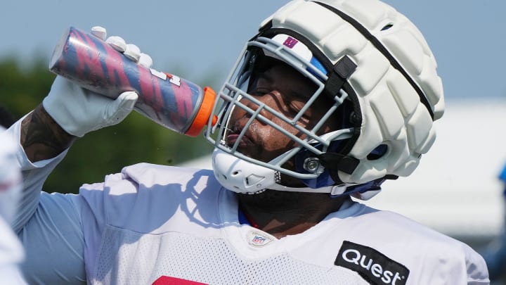 East Rutherford, NJ -- August 1, 2024 -- Defensive lineman, Dexter Lawrence III practicing today at training camp for the New York Giants. East Rutherford, NJ -- August 1, 2024 -- Defensive lineman, Dexter Lawrence III practicing today at training camp for the New York Giants.