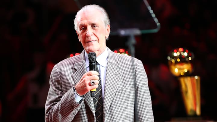 Feb 22, 2020; Miami, Florida, USA; Miami Heat president Pat Riley speaks during a jersey and number retirement ceremony for Dwyane Wade (not pictured) at American Airlines Arena. Mandatory Credit: Kim Klement-Imagn Images Feb 22, 2020; Miami, Florida, USA; Miami Heat president Pat Riley speaks during a jersey and number retirement ceremony for Dwyane Wade (not pictured) at American Airlines Arena. Mandatory Credit: Kim Klement-Imagn Images