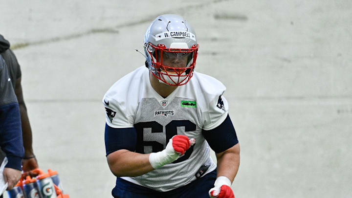 May 9, 2025; Foxborough, MA, USA; New England Patriots offensive tackle Will Campbell (66) practices during rookie camp at Gillette Stadium. Mandatory Credit: Eric Canha-Imagn Images