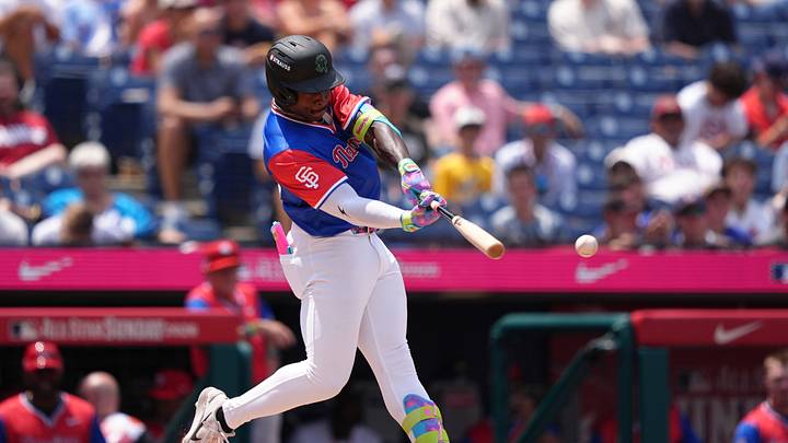 Jul 12, 2026; Philadelphia, PA, USA; National League outfielder Dakota Jordan (23) hits a double against American League in the fifth inning at Citizens Bank Park. Mandatory Credit: Kyle Ross-Imagn Images