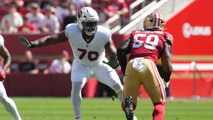 Sep 27, 2026; Santa Clara, California, USA; Arizona Cardinals offensive tackle Paris Johnson Jr. (70) blocks against San Francisco 49ers linebacker Ogbo Okoronkwo (59) during the first quarter at Levi's Stadium. Mandatory Credit: Darren Yamashita-Imagn Images