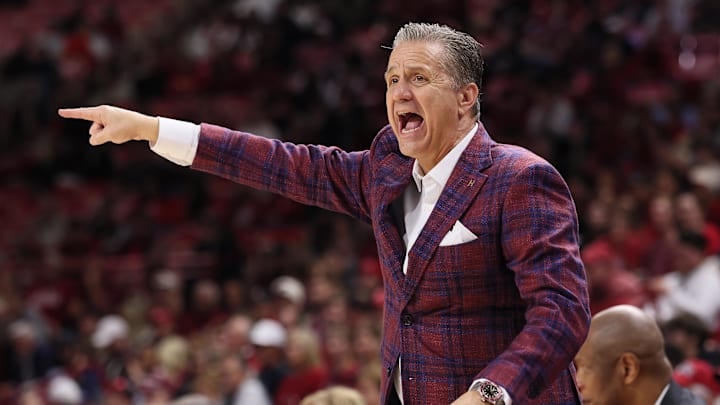 Dec 16, 2025; Fayetteville, Arkansas, USA; Arkansas Razorbacks head coach John Calipari during the second half against the Queens Royals at Bud Walton Arena. Arkansas won 108-80. Mandatory Credit: Nelson Chenault-Imagn Images