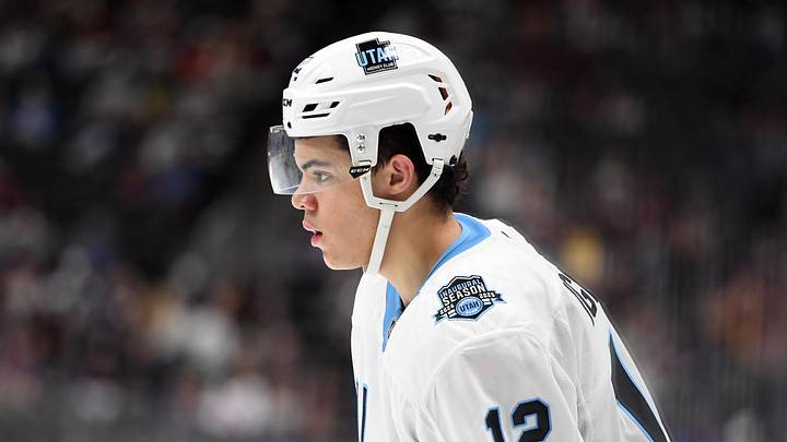 Sep 29, 2024; Denver, Colorado, USA; Utah Hockey Club forward Tij Iginla (12) waits for a face off during the third period against the Colorado Avalanche at Ball Arena. Mandatory Credit: Christopher Hanewinckel-Imagn Images