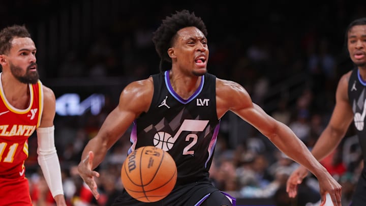 Apr 6, 2025; Atlanta, Georgia, USA; Utah Jazz guard Collin Sexton (2) drives to the basket against the Atlanta Hawks in the fourth quarter at State Farm Arena. Mandatory Credit: Brett Davis-Imagn Images