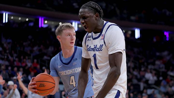 Seton Hall Pirates guard Jacob Dar (1) reacts after a dunk against Creighton Bluejays guard Josh Dix (4) during the second half at Madison Square Garden.