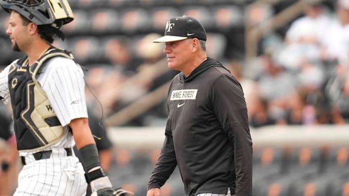 Wake Forest head baseball coach Tom Walter during a NCAA regional baseball game between Cincinnati and Wake Forest at Lindsey Nelson Stadium in Knoxville, Tenn., on May 30, 2025.