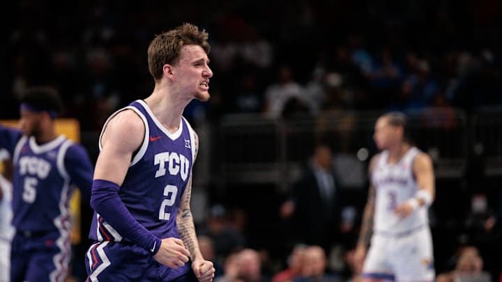 Mar 12, 2026; Kansas City, MO, USA; TCU Horned Frogs guard Brock Harding (2) reacts after a play during the second half against the Kansas Jayhawks at T-Mobile Center. Mandatory Credit: William Purnell-Imagn Images