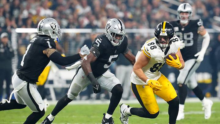 Sep 24, 2023; Paradise, Nevada, USA; Pittsburgh Steelers tight end Pat Freiermuth (88) runs ahead of Las Vegas Raiders linebacker Divine Deablo (5) and Las Vegas Raiders safety Marcus Epps (1) during the third quarter at Allegiant Stadium. Mandatory Credit: Stephen R. Sylvanie-USA TODAY Sports Sep 24, 2023; Paradise, Nevada, USA; Pittsburgh Steelers tight end Pat Freiermuth (88) runs ahead of Las Vegas Raiders linebacker Divine Deablo (5) and Las Vegas Raiders safety Marcus Epps (1) during the third quarter at Allegiant Stadium. Mandatory Credit: Stephen R. Sylvanie-USA TODAY Sports