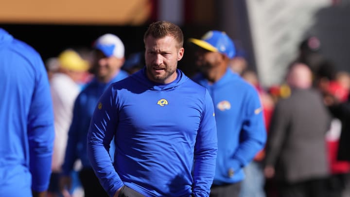Jan 7, 2024; Santa Clara, California, USA; Los Angeles Rams head coach Sean McVay walks on the field before the game against the San Francisco 49ers at Levi's Stadium. Mandatory Credit: Darren Yamashita-USA TODAY Sports Jan 7, 2024; Santa Clara, California, USA; Los Angeles Rams head coach Sean McVay walks on the field before the game against the San Francisco 49ers at Levi's Stadium. Mandatory Credit: Darren Yamashita-USA TODAY Sports