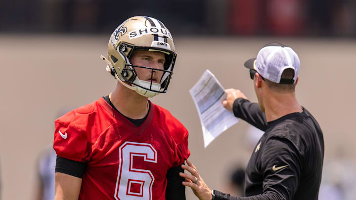 Jun 10, 2025; New Orleans, LA, USA;  New Orleans Saints quarterback Tyler Shough (6) looks on during minicamp at Ochsner Sports Performance Center. Mandatory Credit: Stephen Lew-Imagn Images