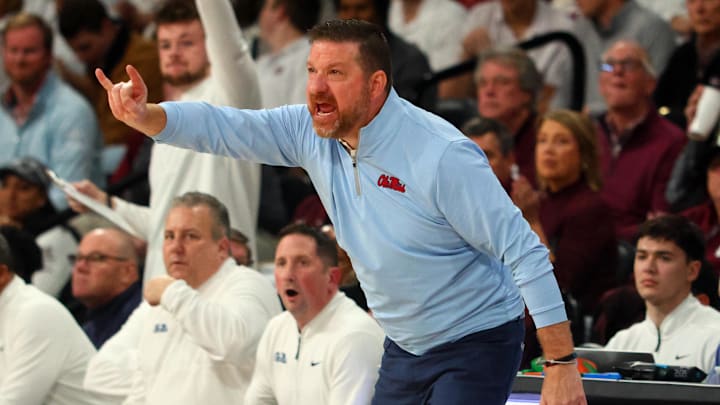 Jan 18, 2025; Starkville, Mississippi, USA; Mississippi Rebels head coach Chris Beard reacts during the second half against the Mississippi State Bulldogs at Humphrey Coliseum. Mandatory Credit: Petre Thomas-Imagn Images Jan 18, 2025; Starkville, Mississippi, USA; Mississippi Rebels head coach Chris Beard reacts during the second half against the Mississippi State Bulldogs at Humphrey Coliseum. Mandatory Credit: Petre Thomas-Imagn Images