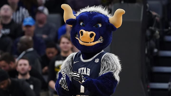 Mar 16, 2023; Sacramento, CA, USA; Utah State Aggies mascot during a stoppage in play in the first half at Golden 1 Center. Mandatory Credit: Kyle Terada-Imagn Images Mar 16, 2023; Sacramento, CA, USA; Utah State Aggies mascot during a stoppage in play in the first half at Golden 1 Center. Mandatory Credit: Kyle Terada-Imagn Images