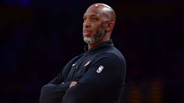 Jan 21, 2024; Los Angeles, California, USA; Portland Trail Blazers head coach Chauncey Billups watches game action against the Los Angeles Lakers during the first half at Crypto.com Arena. Mandatory Credit: Gary A. Vasquez-Imagn Images