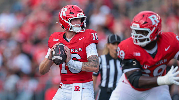 Sep 13, 2025; Piscataway, New Jersey, USA; Rutgers Scarlet Knights quarterback Athan Kaliakmanis (16) looks to pass during the first half against the Norfolk State Spartans at SHI Stadium. Mandatory Credit: Vincent Carchietta-Imagn Images Sep 13, 2025; Piscataway, New Jersey, USA; Rutgers Scarlet Knights quarterback Athan Kaliakmanis (16) looks to pass during the first half against the Norfolk State Spartans at SHI Stadium. Mandatory Credit: Vincent Carchietta-Imagn Images