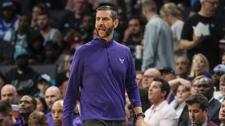 Apr 7, 2022; Charlotte, North Carolina, USA; Charlotte Hornets head coach James Borrego  during the first quarter against the Orlando Magic at Spectrum Center. Mandatory Credit: Jim Dedmon-Imagn Images